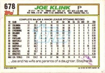 1992 Topps #678 Joe Klink Back