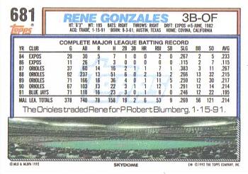 1992 Topps #681 Rene Gonzales Back