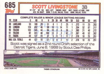 1992 Topps #685 Scott Livingstone Back