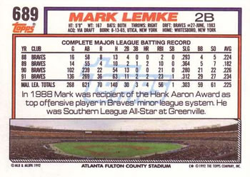 1992 Topps #689 Mark Lemke Back