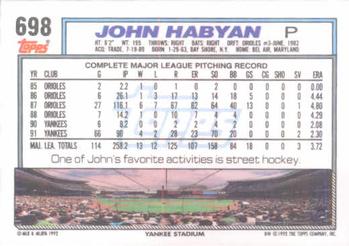 1992 Topps #698 John Habyan Back