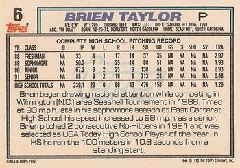 1992 Topps #6 Brien Taylor Back