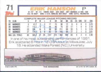 1992 Topps #71 Erik Hanson Back
