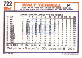 1992 Topps #722 Walt Terrell Back