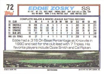 1992 Topps #72 Eddie Zosky Back