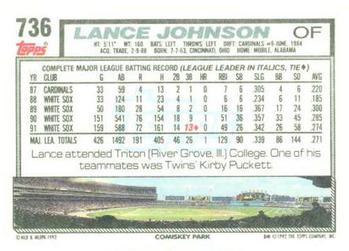 1992 Topps #736 Lance Johnson Back
