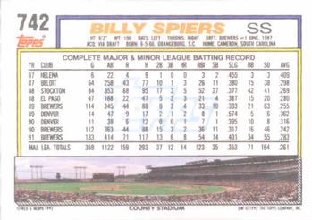1992 Topps #742 Billy Spiers Back