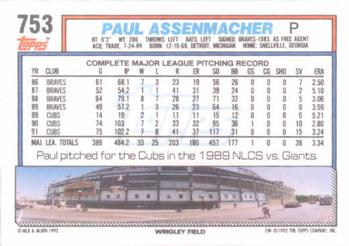 1992 Topps #753 Paul Assenmacher Back