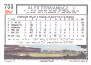 1992 Topps #755 Alex Fernandez Back