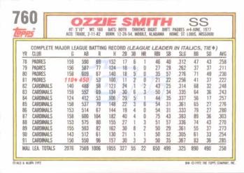 1992 Topps #760 Ozzie Smith Back