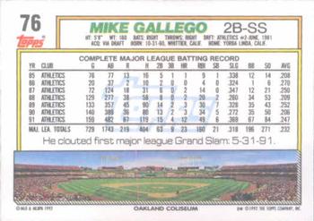 1992 Topps #76 Mike Gallego Back
