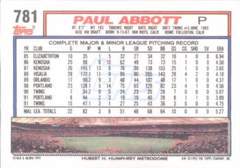 1992 Topps #781 Paul Abbott Back