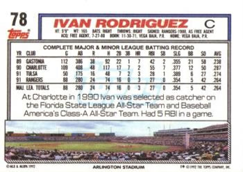 1992 Topps #78 Ivan Rodriguez Back