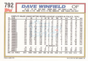 1992 Topps #792 Dave Winfield Back