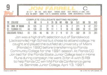 1992 Topps #9 Jon Farrell Back
