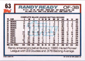 1992 Topps #63 Randy Ready Back