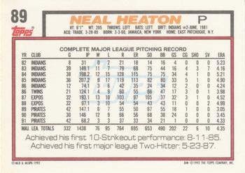 1992 Topps #89 Neal Heaton Back