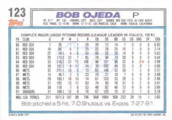 1992 Topps #123 Bob Ojeda Back
