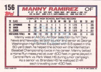 1992 Topps #156 Manny Ramirez Back