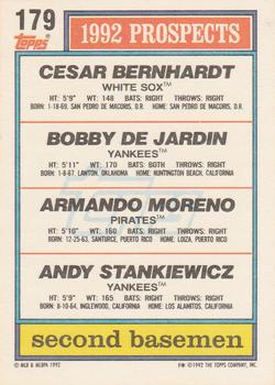 1992 Topps #179 1992 Top Prospects 2nd Basemen (Cesar Bernhardt / Bobby DeJardin / Armando Moreno / Andy Stankiewicz) Back