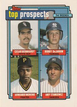 1992 Topps #179 1992 Top Prospects 2nd Basemen (Cesar Bernhardt / Bobby DeJardin / Armando Moreno / Andy Stankiewicz) Front