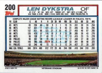 1992 Topps #200 Len Dykstra Back