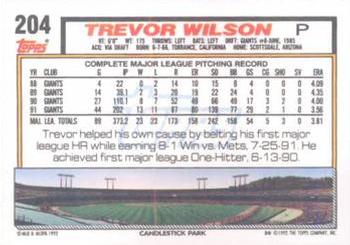 1992 Topps #204 Trevor Wilson Back