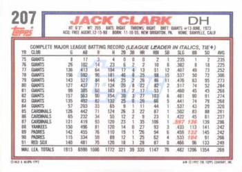 1992 Topps #207 Jack Clark Back