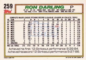 1992 Topps #259 Ron Darling Back