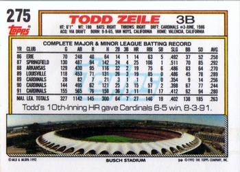 1992 Topps #275 Todd Zeile Back
