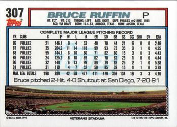 1992 Topps #307 Bruce Ruffin Back