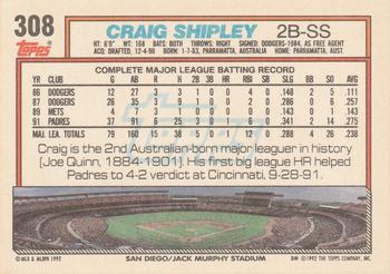 1992 Topps #308 Craig Shipley Back