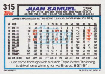 1992 Topps #315 Juan Samuel Back