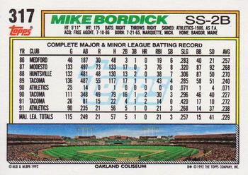1992 Topps #317 Mike Bordick Back