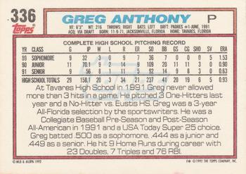 1992 Topps #336 Greg Anthony Back