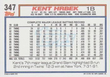 1992 Topps #347 Kent Hrbek Back