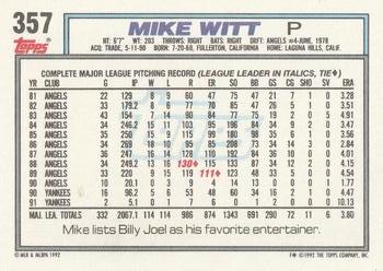1992 Topps #357 Mike Witt Back