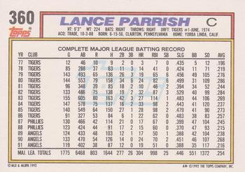 1992 Topps #360 Lance Parrish Back