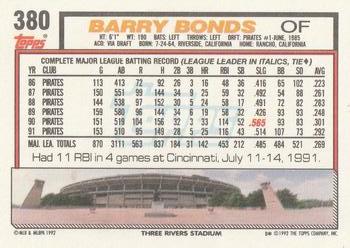 1992 Topps #380 Barry Bonds Back