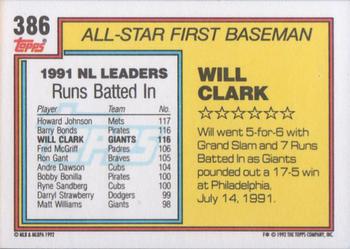 1992 Topps #386 Will Clark Back