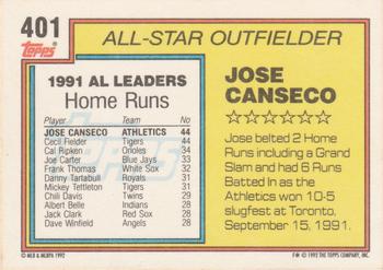 1992 Topps #401 Jose Canseco Back