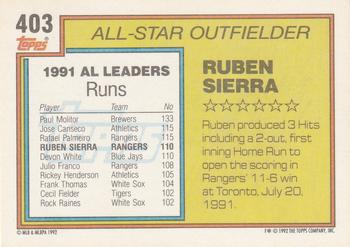 1992 Topps #403 Ruben Sierra Back