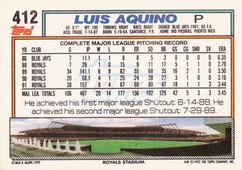 1992 Topps #412 Luis Aquino Back