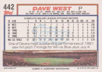 1992 Topps #442 Dave West Back