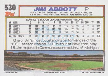 1992 Topps #530 Jim Abbott Back