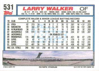 1992 Topps #531 Larry Walker Back