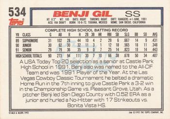 1992 Topps #534 Benji Gil Back