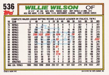 1992 Topps #536 Willie Wilson Back