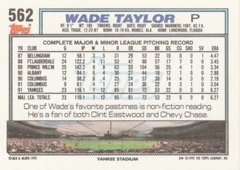 1992 Topps #562 Wade Taylor Back
