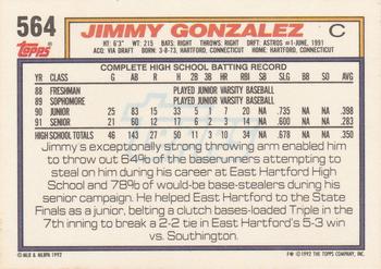 1992 Topps #564 Jimmy Gonzalez Back